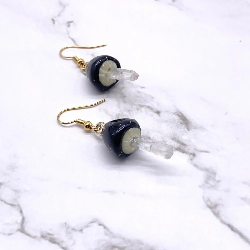 Black Mushroom Quartz Crystal Dangle wire hook polymer Clay Earrings